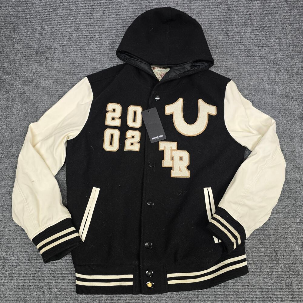True Religion Hooded Varsity Jacket Mens S Black White Chenille Logo NWT Flaws